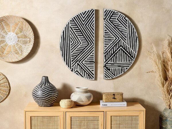 Nástenná dekorácia čierna a biela geometrický vzor okrúhla dvojdielna zo skla moderná minimalistická