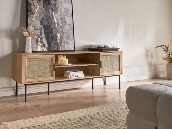TV stolík svetlé drevo prírodné ratanové dvere prútený čierne kovové nohy 180 x 63 cm úložný priestor boho štýl obývačka