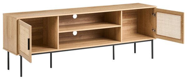 TV stolík svetlé drevo prírodné ratanové dvere prútený čierne kovové nohy 180 x 63 cm úložný priestor boho štýl obývačka