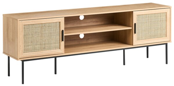 TV stolík svetlé drevo prírodné ratanové dvere prútený čierne kovové nohy 180 x 63 cm úložný priestor boho štýl obývačka
