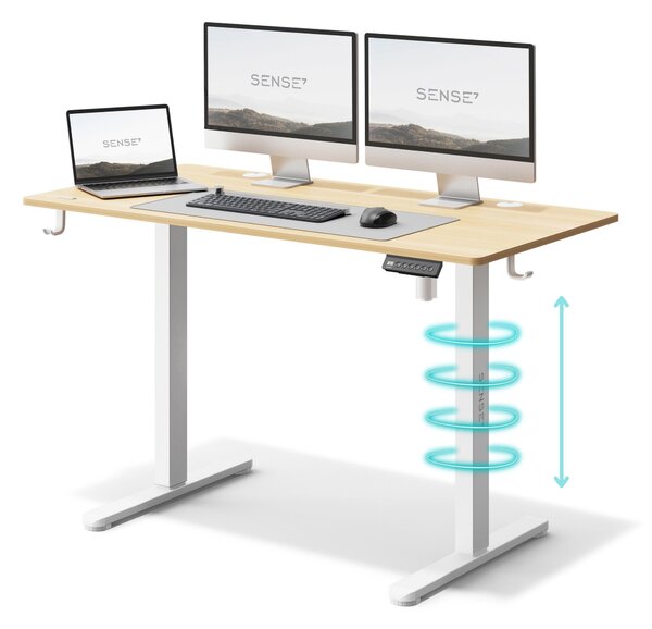 Sense7 Nojo Elektricky výškovo nastaviteľný stôl 120 cm, vzhľad borovice, herný stôl, funkcia sedenia a státia, pamäťová funkcia, ergonomický PC stôl, biela konštrukcia