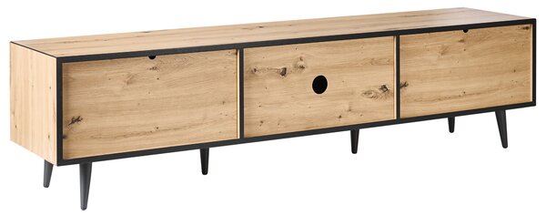 TV stolík svetlohnedý MDF s 2 dvierkami a 4 zásuvkami kovové nohy loftový moderný dizajn obývacia izba