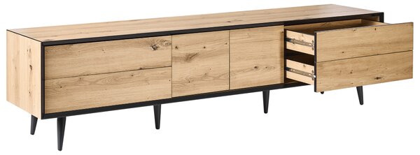 TV stolík svetlohnedý MDF s 2 dvierkami a 4 zásuvkami kovové nohy loftový moderný dizajn obývacia izba