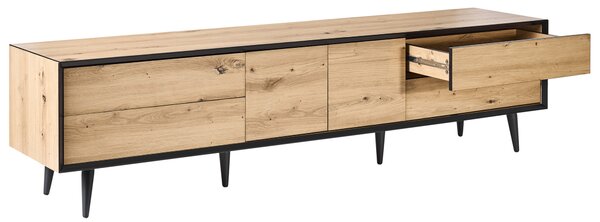 TV stolík svetlohnedý MDF s 2 dvierkami a 4 zásuvkami kovové nohy loftový moderný dizajn obývacia izba