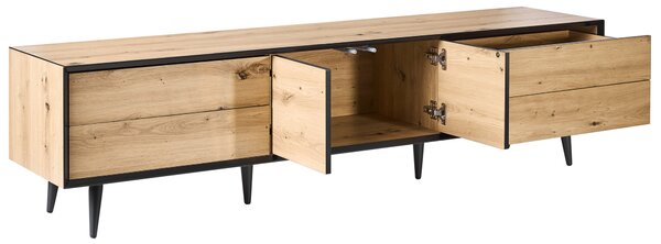 TV stolík svetlohnedý MDF s 2 dvierkami a 4 zásuvkami kovové nohy loftový moderný dizajn obývacia izba