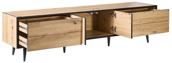 TV stolík svetlohnedý MDF s 2 dvierkami a 4 zásuvkami kovové nohy loftový moderný dizajn obývacia izba