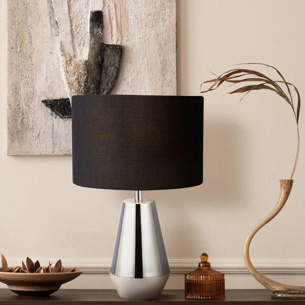 Stolová lampa Laynie, sivá/čierna, kov/textil, 24 cm, E14, Čierna, Obývacia izba / jedáleň, Textil / látka / hodváb, Moderný, Stojacie svietidlo
