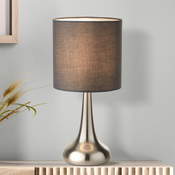 Searchlight Stolová lampa Neraiah, sivá/strieborná, textil, 34 cm, stmievateľné, Hliník / sivá / zinok, Obývacia izba / jedáleň, Textil / látka / hodváb, Moderný, Stojacie svietidlo