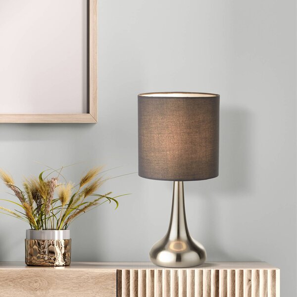 Searchlight Stolová lampa Neraiah, sivá/strieborná, textil, 34 cm, stmievateľné, Hliník / sivá / zinok, Obývacia izba / jedáleň, Textil / látka / hodváb, Moderný, Stojacie svietidlo