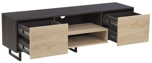TV stolík tmavé a svetlé drevo 4 zásuvky 2 police kovový rám industriálny štýl obývacia izba