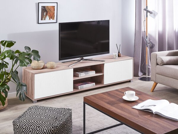 TV nábytok svetlá farba dreva biela drevovláknitá doska polypropylén 41 x 180 x 37 cm škandinávsky elegantná trendy multifunkčné obývačka
