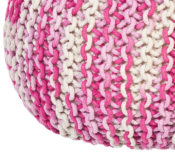 Puf taburetka ružová a biela okrúhla bavlnená 50 x 35 cm pletená podnožka výplň z polystyrénového granulátu
