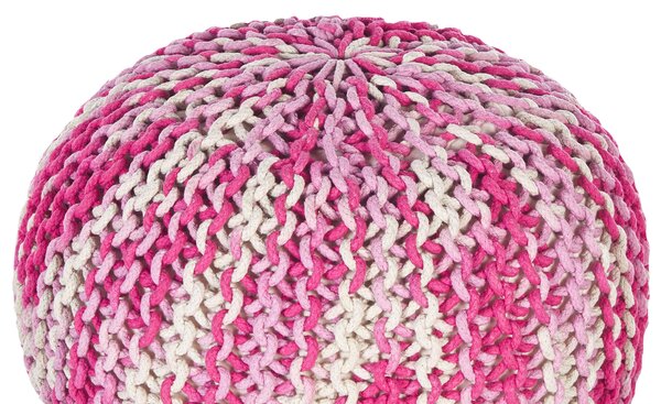 Puf taburetka ružová a biela okrúhla bavlnená 50 x 35 cm pletená podnožka výplň z polystyrénového granulátu
