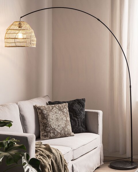 Stojaca lampa čierna prírodná kov 195 cm ratanové pletené tienidlo mramorový podstavec zaoblený tvar moderný rustikálny štýl obývačka