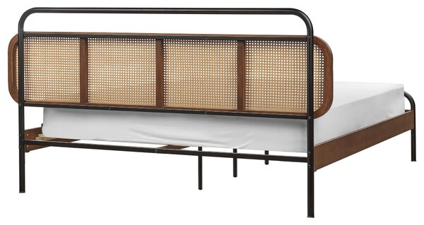 Posteľ tmavohnedá 160 x 200 cm čelo s viedenským výpletom lamelový rošt moderný rustikálny štýl spálňa