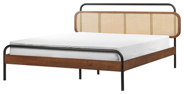 Posteľ tmavohnedá 160 x 200 cm čelo s viedenským výpletom lamelový rošt moderný rustikálny štýl spálňa