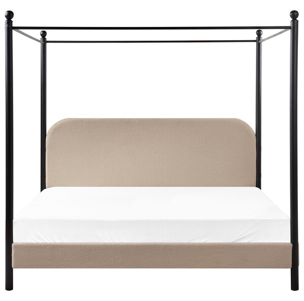 Posteľ s baldachýnom čierny kovový rám sivobéžové buklé čalúnenie 180 x 200 cm retro minimalistický štýl