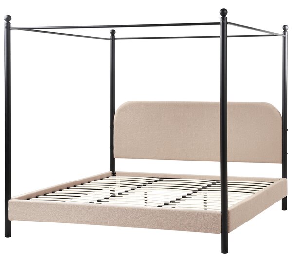 Posteľ s baldachýnom čierny kovový rám sivobéžové buklé čalúnenie 180 x 200 cm retro minimalistický štýl