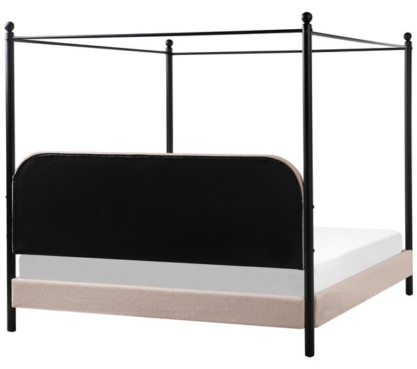 Posteľ s baldachýnom čierny kovový rám sivobéžové buklé čalúnenie 180 x 200 cm retro minimalistický štýl