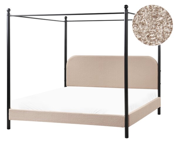 Posteľ s baldachýnom čierny kovový rám sivobéžové buklé čalúnenie 180 x 200 cm retro minimalistický štýl