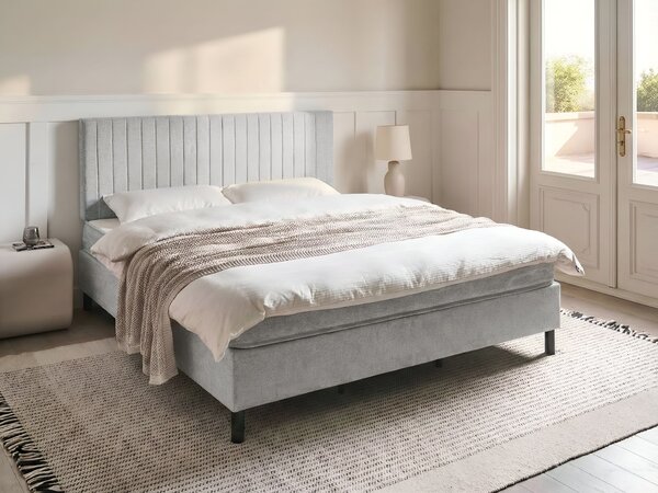 Kontinentálna posteľ s čelom sivá polyester čalúnený rám 180 x 200 cm pružinový matrac spálňa