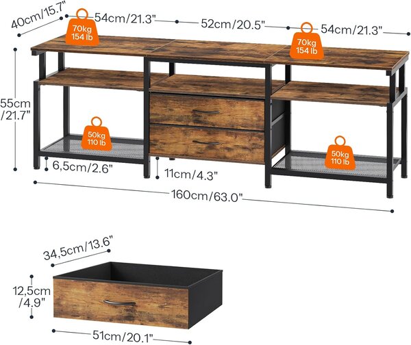 TV stolík Vasagle Nareon 160 cm hnedý/čierny