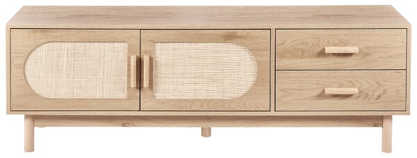 TV stolík svetlohnedý drevotrieska so zásuvkami a dvierkami ratanové čelá boho štýl úložný nábytok do spálne