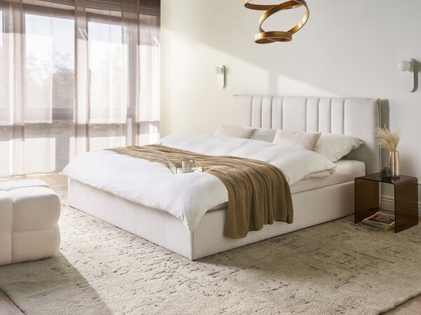 Posteľ s úložným priestorom svetlobéžová látkové čalúnenie 180 x 200 cm s čelom a roštom moderný minimalistický štýl spálňa