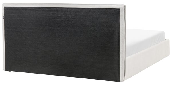 Posteľ s úložným priestorom svetlobéžová látkové čalúnenie 180 x 200 cm s čelom a roštom moderný minimalistický štýl spálňa