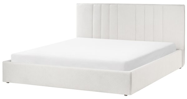 Posteľ s úložným priestorom svetlobéžová látkové čalúnenie 180 x 200 cm s čelom a roštom moderný minimalistický štýl spálňa