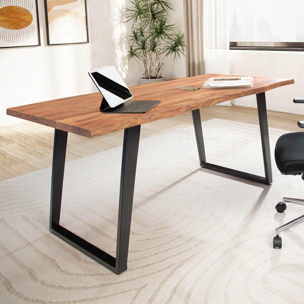 WOHNLING písací stôl 160x80x76 cm masívne drevo akácie / kov poítaový stôl s okrajom stromu Homeoffice kancelársky stôl masívny s U-nohami v iernej farbe drevený stôl