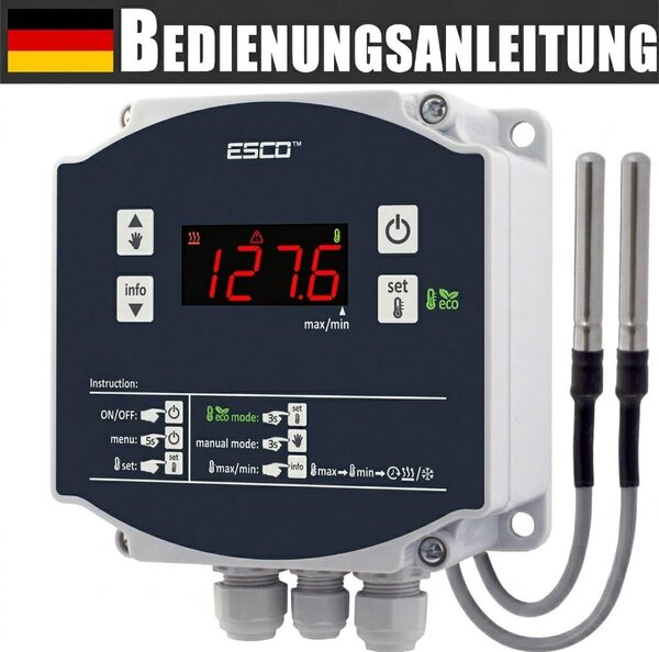 Solárny regulátor, termostat, regulátor teplotného rozdielu, 2 snímae, regulátor vodného vykurovania, bazén, solárny kolektor, 230 V, ESCO DC-20H, ROBUST, vodotesné puzdro, IP65