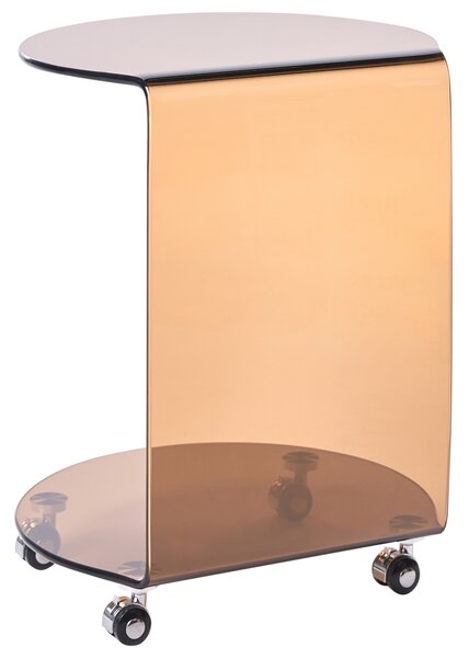 Odkladací stolík hnedý tvrdené sklo 57 x 45 cm s kolieskami tvar písmena C moderný minimalistický štýl obývacia izba