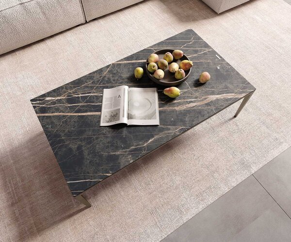 DELIFE Konferenčný stolík Levente 110x60 cm keramika Laminam® Noir Desir hnedá podstava kov titánová farba