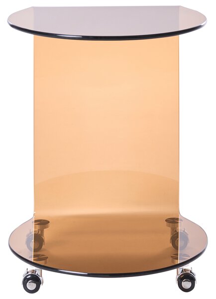 Odkladací stolík hnedý tvrdené sklo 57 x 45 cm s kolieskami tvar písmena C moderný minimalistický štýl obývacia izba