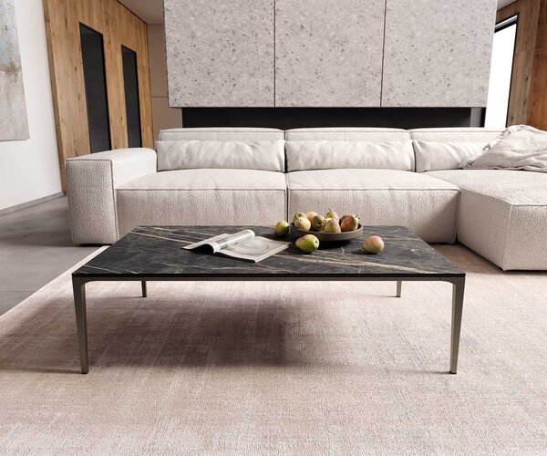 DELIFE Konferenčný stolík Levente 110x60 cm keramika Laminam® Noir Desir hnedá podstava kov titánová farba