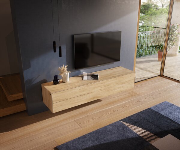 DELIFE TV stolík Cuor 180 cm keramika Laminam® sabbia v dubovej farbe 1 výklopné dvierka 2 zásuvky závesné