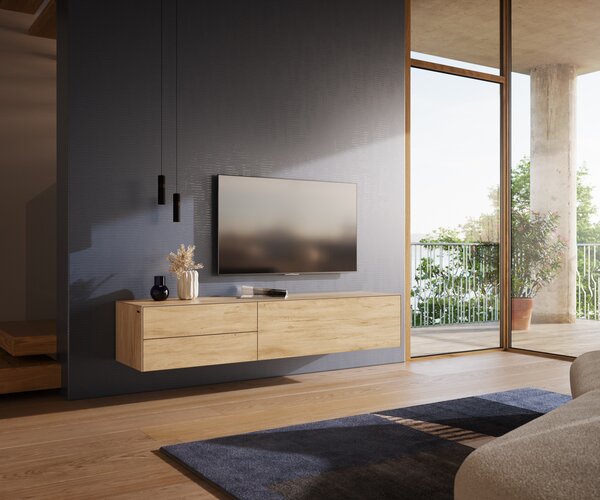 DELIFE TV stolík Cuor 180 cm keramika Laminam® sabbia v dubovej farbe 1 výklopné dvierka 2 zásuvky závesné