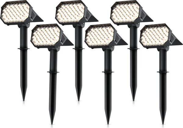 6x záhradný reflektor Brandson so zemným hrotom, solárny panel, solárny reflektor, nabíjateľná batéria, 1800 mAh, 2 úrovne jasu, 60-80 lumenov, 3000 K, IP65, odolný voči poveternostným vplyvom, otočný, montáž, záhrada, balkón, terasa