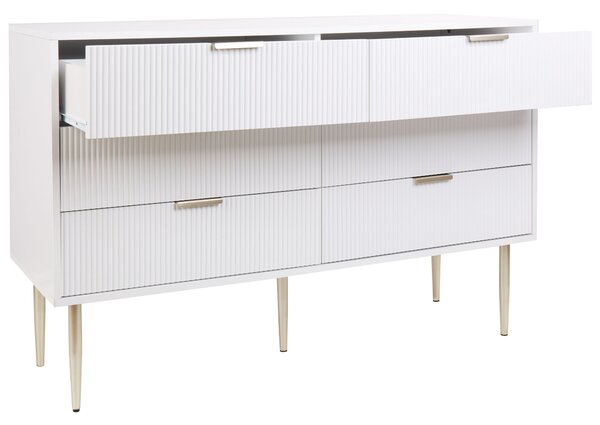 Komoda biela MDF 6 úložných zásuviek kovové nohy úchytky moderný škandinávsky štýl spálňa