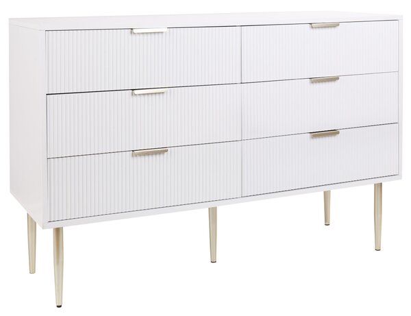 Komoda biela MDF 6 úložných zásuviek kovové nohy úchytky moderný škandinávsky štýl spálňa