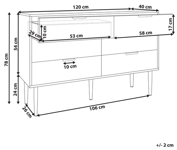 Komoda biela MDF 6 úložných zásuviek kovové nohy úchytky moderný škandinávsky štýl spálňa