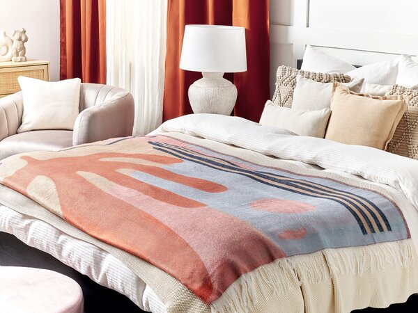 Deka viacfarebná modrá ružová polyester akryl 130 x 170 cm obdĺžnikový tvar abstraktný vzor prikrývka so strapcami boho štýl doplnky