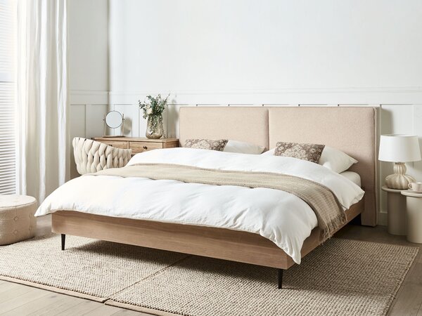 Posteľný rám béžové buklé čalúnenie dvojlôžko 180 x 200 cm čalúnené čelo MDF rám kovové nohy lamelový rošt moderný štýl spálňa