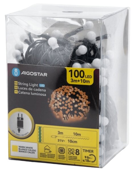 Aigostar - LED vonkajší dekoračný reťaz 100xLED/3,6W/230V/8 funkcií 10m IP44 teplá biela
