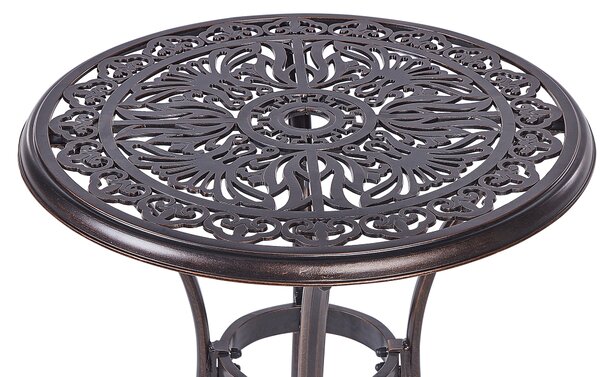 Záhradný bistro stolík hnedý hliníkový okrúhly 68 cm vonkajší stôl vintage dizajn