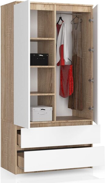 BDW, atníková skria 2 dvere, 2 zásuvky, 180x90x51 cm, dub Sonoma / biela