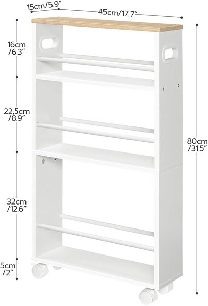 Úzky pojazdný kuchynský regál Vasagle Tonari 45 cm biely/hnedý