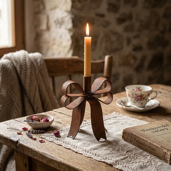 Rustikálny hrdzavý svietnik mašle Bow Candle Rust - 19*15*18 cm - Clayre & Eef