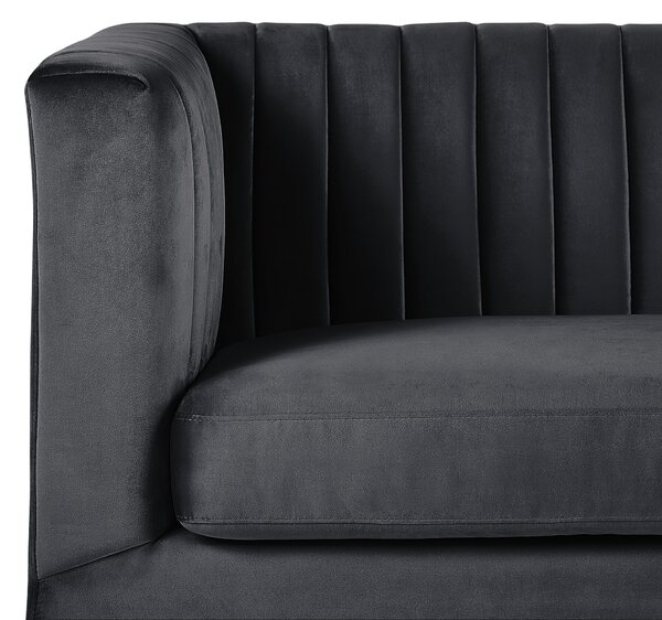 Pohovka čierna zamatová čalúnená 3 miestna nízke prešívané operadlo v štýle tuxedo